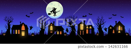 Halloween night town landscape background. Halloween wallpaper, horror holiday background with witch on broom flying over night town homes with glowing in darkness windows and pumpkin lanterns Halloween night town landscape background. Halloween wallpaper, horror holiday background with witch on broom flying over night town homes with glowing in darkness windows and pumpkin lanterns 142631166