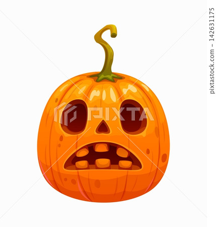 Halloween horror cartoon pumpkin scared face. Scary carving, horror holiday horror cartoon vector pumpkin face. Spooky lantern or Halloween creepy Jack o lantern with shocked or surprised face 142631175
