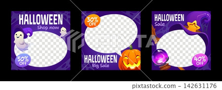 Halloween sale templates, autumn discount banners. Fall season sale vector flyer, store Autumn discount coupon. Halloween holiday deal offer banner with ghost cartoon characters, pumpkin and witch hat Halloween sale templates, autumn discount banners. Fall season sale vector flyer, store Autumn discount coupon. Halloween holiday deal offer banner with ghost cartoon characters, pumpkin and witch hat 142631176