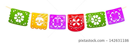 Mexican Day of the Dead party cartoon paper garland. Day of Dead festival paper cut flags, Mexican carnival papel picado vector garland. Dia de Los Muertos decoration with cutout skull and flowers Mexican Day of the Dead party cartoon paper garland. Day of Dead festival paper cut flags, Mexican carnival papel picado vector garland. Dia de Los Muertos decoration with cutout skull and flowers 142631186