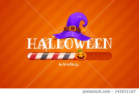 Halloween holiday countdown screen with loading bar. Vector cartoon scary pumpkin lantern progress bar with witch hat and spider cobweb threads for Halloween horror holiday loading countdown banner Halloween holiday countdown screen with loading bar. Vector cartoon scary pumpkin lantern progress bar with witch hat and spider cobweb threads for Halloween horror holiday loading countdown banner 142631187