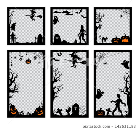 Halloween photo frames, social media post vector templates with spooky borders of horror pumpkins, bats and witch on broom silhouettes. Halloween night cemetery scary tree, zombie and skull frames set Halloween photo frames, social media post vector templates with spooky borders of horror pumpkins, bats and witch on broom silhouettes. Halloween night cemetery scary tree, zombie and skull frames set 142631188