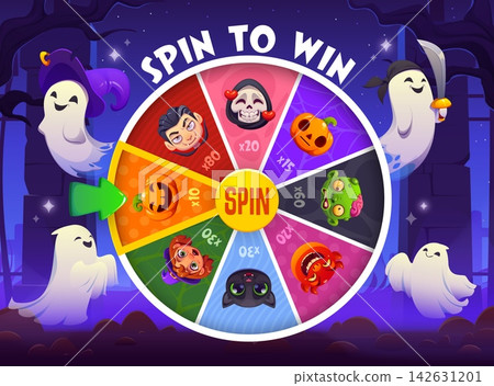 Halloween luck spin, casino gamble roulette. Halloween party gamble machine, money gambling spin game. Fortune wheel with ghosts, vampire, zombie, devil and witch black cat cute cartoon characters Halloween luck spin, casino gamble roulette. Halloween party gamble machine, money gambling spin game. Fortune wheel with ghosts, vampire, zombie, devil and witch black cat cute cartoon characters 142631201