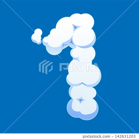 Cartoon fluffy cloudy sky font number 1 one. White smoke typography digit, heaven cloud typeface isolated vector figure. White cloudy sky type numeral symbol or fluffy mist font number Cartoon fluffy cloudy sky font number 1 one. White smoke typography digit, heaven cloud typeface isolated vector figure. White cloudy sky type numeral symbol or fluffy mist font number 142631203