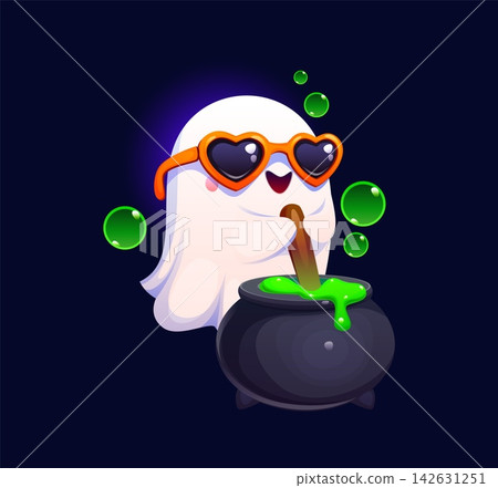 Cartoon cute kawaii ghost Halloween character wearing heart shaped sunglasses while stirring a bubbling green potion in a witch cauldron. Autumn holiday spooky festive personage with magical bubbles Cartoon cute kawaii ghost Halloween character wearing heart shaped sunglasses while stirring a bubbling green potion in a witch cauldron. Autumn holiday spooky festive personage with magical bubbles 142631251