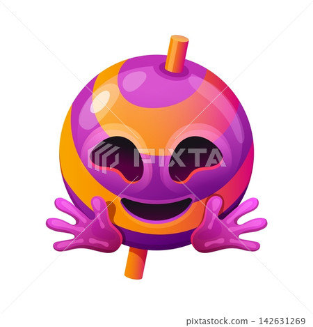 Halloween cartoon lollipop emoji character icon with expressive face and playful hands. Vector orange, pink or purple candy personage for sweet app messages or fun and festive Halloween holiday chats Halloween cartoon lollipop emoji character icon with expressive face and playful hands. Vector orange, pink or purple candy personage for sweet app messages or fun and festive Halloween holiday chats 142631269