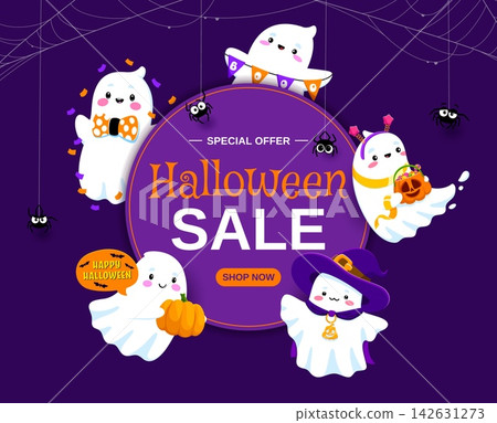 Halloween sale vector banner with cartoon kawaii ghost characters and hanging spiders on cobweb threads. Halloween holiday sales offer flyer of cute white ghosts with pumpkins, witch hat and candies Halloween sale vector banner with cartoon kawaii ghost characters and hanging spiders on cobweb threads. Halloween holiday sales offer flyer of cute white ghosts with pumpkins, witch hat and candies 142631273