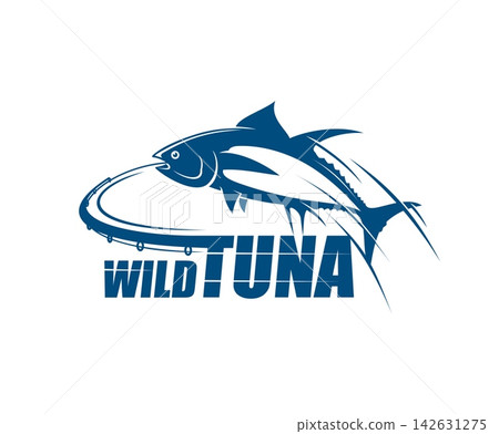 Tuna fish and fishing sport icon with powerful fish and bent rod. Navy blue tuna hooked on line for seafood restaurants, commercial fisheries or merchandise design for outdoor equipment Tuna fish and fishing sport icon with powerful fish and bent rod. Navy blue tuna hooked on line for seafood restaurants, commercial fisheries or merchandise design for outdoor equipment 142631275