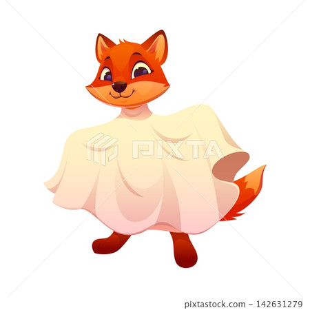Cartoon Halloween fox animal cute character dressed as friendly ghost with flowing white sheet costume. Adorable playful woodland personage dressed in festive disguise ready for seasonal holiday party Cartoon Halloween fox animal cute character dressed as friendly ghost with flowing white sheet costume. Adorable playful woodland personage dressed in festive disguise ready for seasonal holiday party 142631279