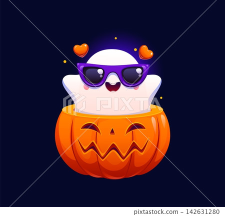 Cartoon cute ghost character wearing purple sunglasses pops out of a smiling jack o lantern pumpkin. Kawaii phantom personage conveying spooky Halloween fun and seasonal party holiday celebration Cartoon cute ghost character wearing purple sunglasses pops out of a smiling jack o lantern pumpkin. Kawaii phantom personage conveying spooky Halloween fun and seasonal party holiday celebration 142631280