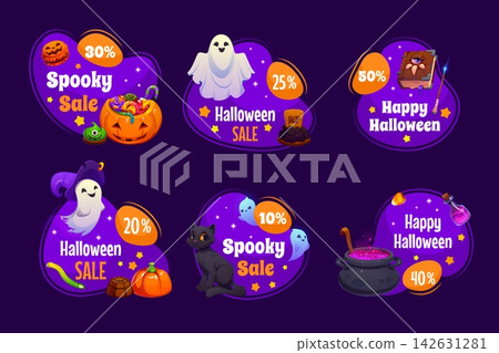 Happy Halloween sale tags, banners and stickers with cartoon spooky ghost, pumpkin and cat characters. Vector Halloween pumpkin with candies, potion bottle and cauldron, horror holiday sales tags Happy Halloween sale tags, banners and stickers with cartoon spooky ghost, pumpkin and cat characters. Vector Halloween pumpkin with candies, potion bottle and cauldron, horror holiday sales tags 142631281
