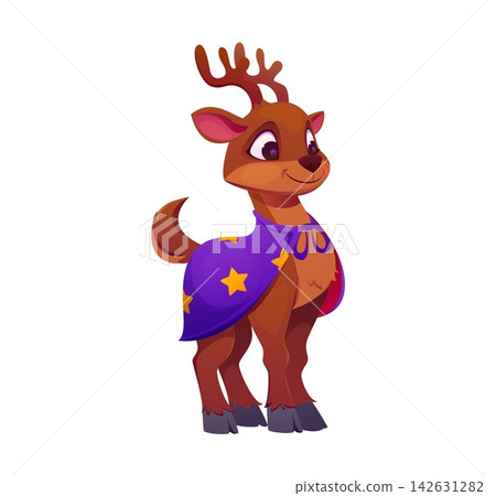 Cartoon cute Halloween reindeer animal character wearing magical purple cape decorated with stars. Adorable friendly woodland deer fairytale personage in fantasy costume ready for holiday celebration Cartoon cute Halloween reindeer animal character wearing magical purple cape decorated with stars. Adorable friendly woodland deer fairytale personage in fantasy costume ready for holiday celebration 142631282