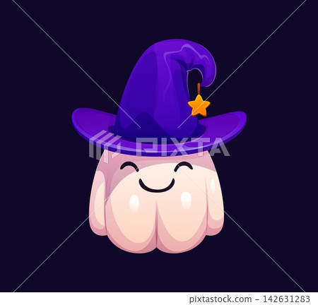 Cartoon Halloween holiday cute kawaii ghost character wears purple witch hat with glowing star on its top. Adorable and friendly spirit monster personage smiling exuding spookiness festive party night Cartoon Halloween holiday cute kawaii ghost character wears purple witch hat with glowing star on its top. Adorable and friendly spirit monster personage smiling exuding spookiness festive party night 142631283