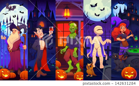 Cartoon scary eerie Halloween characters collage with vector wizard and pumpkins, vampire with blood drink, creepy zombie, wrapped mummy and witch cooking potion. Halloween monster characters set Cartoon scary eerie Halloween characters collage with vector wizard and pumpkins, vampire with blood drink, creepy zombie, wrapped mummy and witch cooking potion. Halloween monster characters set 142631284