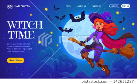 Halloween landing page with funny flying witch on broom. Spooky web banner for seasonal horror party night celebration with cartoon cute witch girl character flying across full moon surrounded by bats Halloween landing page with funny flying witch on broom. Spooky web banner for seasonal horror party night celebration with cartoon cute witch girl character flying across full moon surrounded by bats 142631287
