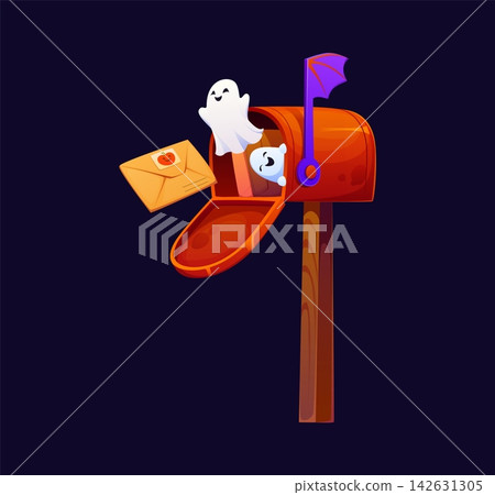 Cartoon cute Halloween ghost characters emerging from a red mailbox alongside a stamped envelope with a pumpkin seal, conveying festive surprise and friendly spookiness for seasonal holiday greetings Cartoon cute Halloween ghost characters emerging from a red mailbox alongside a stamped envelope with a pumpkin seal, conveying festive surprise and friendly spookiness for seasonal holiday greetings 142631305