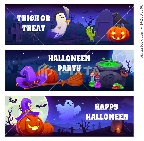 Happy Halloween banners for horror night holiday, vector cartoon greeting cards. Funny boo ghosts and cemetery with spooky pumpkin lantern and witch magic potion cauldron with broomstick for Halloween 142631306