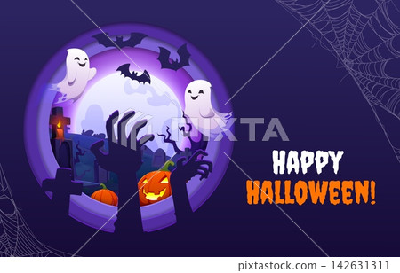 Cartoon Halloween paper cut banner with cemetery scene vector background. Zombie hands reaching from the ground, glowing pumpkin lanterns, bats and scary ghost characters in paper cut round frame Cartoon Halloween paper cut banner with cemetery scene vector background. Zombie hands reaching from the ground, glowing pumpkin lanterns, bats and scary ghost characters in paper cut round frame 142631311