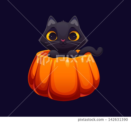 Cartoon black kitten Halloween animal character with big yellow eyes peeking from inside a pumpkin. Cute and adorable kitten kawaii pet Halloween holiday personage celebrating autumn seasonal party Cartoon black kitten Halloween animal character with big yellow eyes peeking from inside a pumpkin. Cute and adorable kitten kawaii pet Halloween holiday personage celebrating autumn seasonal party 142631390