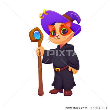 Cartoon cute Halloween cat animal character dressed as a wizard holding a magical staff with gemstone. Adorable fantasy kitten wiz personage featuring enchanting costume, witch hat and friendly smile Cartoon cute Halloween cat animal character dressed as a wizard holding a magical staff with gemstone. Adorable fantasy kitten wiz personage featuring enchanting costume, witch hat and friendly smile 142631391