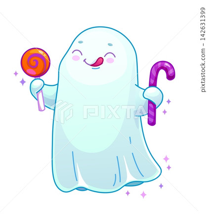 Halloween ghost with candies kawaii character. Flying spirit funny isolated mascot, phantom happy kawaii vector character. Halloween ghost cheerful personage with lollypop and candy cane treats Halloween ghost with candies kawaii character. Flying spirit funny isolated mascot, phantom happy kawaii vector character. Halloween ghost cheerful personage with lollypop and candy cane treats 142631399