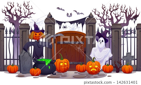Halloween witch house fence and scary decorations, spooky ghost and pumpkin lantern with scarecrow. Witch house fence of cemetery with tombstones and wooden door entrance to creepy graveyard Halloween witch house fence and scary decorations, spooky ghost and pumpkin lantern with scarecrow. Witch house fence of cemetery with tombstones and wooden door entrance to creepy graveyard 142631401