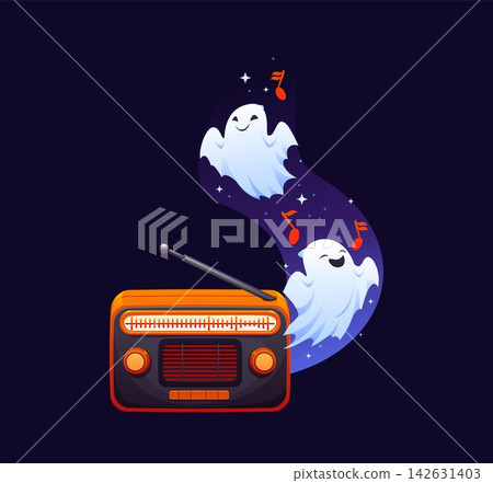 Cute happy cartoon ghosts Halloween characters dancing around vintage radio with antenna. Kawaii friendly spirits enjoying music with musical notes and sparkles float in the air at spooky party night Cute happy cartoon ghosts Halloween characters dancing around vintage radio with antenna. Kawaii friendly spirits enjoying music with musical notes and sparkles float in the air at spooky party night 142631403