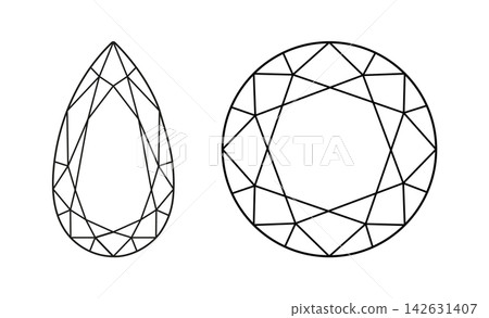 Diamond Round, Pear cut shapes. Design simple diagrams. Circle, Pear brilliant cut icons. Gemstone outline flat patterns for jewellery design, branding, packaging, logo. 142631407