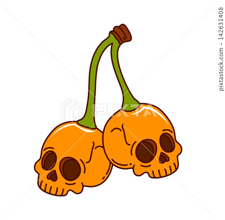 Groovy Halloween cherry skulls with cute stems and glossy yellow faces. Funky and psychedelic cartoon icon with comic skeleton faces. Vector berry icon for spooky party psychedelic cocktail 142631408