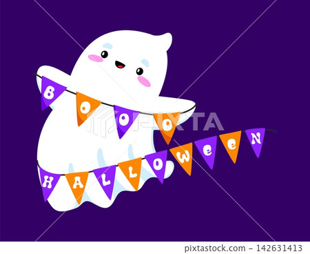 Cute kawaii ghost holding boo Halloween garland with purple and orange flags. Happy ghost character with festive Halloween bunting. Vector banner with pennants and word boo for Halloween party Cute kawaii ghost holding boo Halloween garland with purple and orange flags. Happy ghost character with festive Halloween bunting. Vector banner with pennants and word boo for Halloween party 142631413