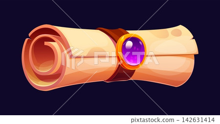 Cartoon rolled parchment scroll secured by a leather strap and a purple gem seal. Magical Halloween holiday message of mystery, adventure, ancient fantasy treasure map or secret letter ui game asset Cartoon rolled parchment scroll secured by a leather strap and a purple gem seal. Magical Halloween holiday message of mystery, adventure, ancient fantasy treasure map or secret letter ui game asset 142631414