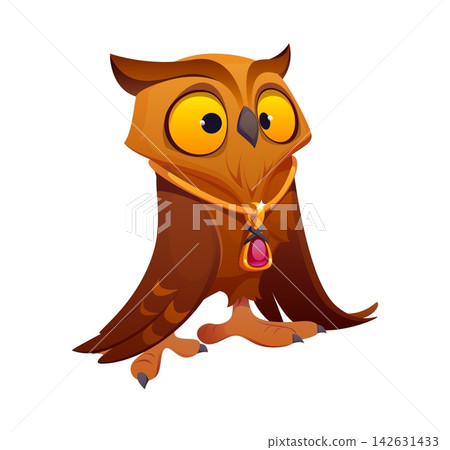 Cartoon owl Halloween animal character. Cute owlet fairy tale personage wearing magical pendant with large expressive eyes and brown feathers, charming fantasy adorable whimsical woodland wild bird Cartoon owl Halloween animal character. Cute owlet fairy tale personage wearing magical pendant with large expressive eyes and brown feathers, charming fantasy adorable whimsical woodland wild bird 142631433