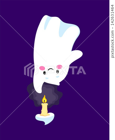 Funny Halloween kawaii ghost character hanging upside down and holding glowing candle. Happy vector spooky monster with smile for Halloween holiday party. Magic ghost with pink cheeks and candlelight Funny Halloween kawaii ghost character hanging upside down and holding glowing candle. Happy vector spooky monster with smile for Halloween holiday party. Magic ghost with pink cheeks and candlelight 142631464