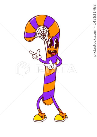 Groovy Halloween candy cane character with happy smiling face. Funky Halloween treat in white gloves and yellow sneakers. Vector orange and purple striped candy with spooky cobweb Groovy Halloween candy cane character with happy smiling face. Funky Halloween treat in white gloves and yellow sneakers. Vector orange and purple striped candy with spooky cobweb 142631468