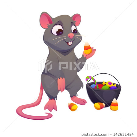 Cartoon cute Halloween mouse animal character holding candy corn beside a bucket of Halloween treats. Adorable rodent animal personage ready for and festive seasonal holiday trick or treat party Cartoon cute Halloween mouse animal character holding candy corn beside a bucket of Halloween treats. Adorable rodent animal personage ready for and festive seasonal holiday trick or treat party 142631484