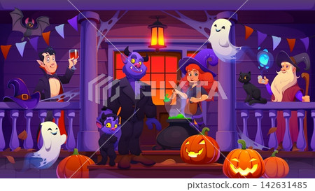 Happy Halloween holiday porch interior with funny fairy characters, scary pumpkins, ghosts and bats. Vector cute witch with potion, vampire and wizard on Halloween haunted house stairs and porch 142631485