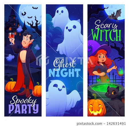 Happy Halloween holiday banners for horror night, vector cartoon greeting cards. Funny boo ghosts, witch with magic potion cauldron and pumpkin, Dracula vampire at haunted castle for Halloween party Happy Halloween holiday banners for horror night, vector cartoon greeting cards. Funny boo ghosts, witch with magic potion cauldron and pumpkin, Dracula vampire at haunted castle for Halloween party 142631491