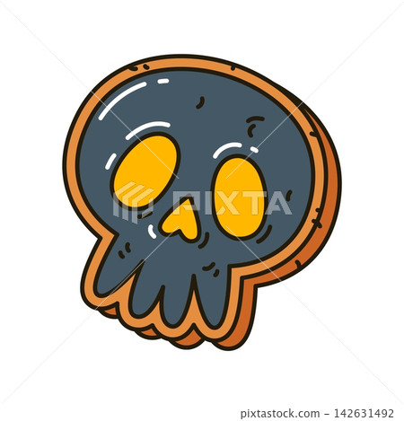 Groovy Halloween cookie with spooky skull shape and dark chocolate glaze. Funky vector gingerbread with yellow eyes. Horror dessert for treat and Halloween party Groovy Halloween cookie with spooky skull shape and dark chocolate glaze. Funky vector gingerbread with yellow eyes. Horror dessert for treat and Halloween party 142631492