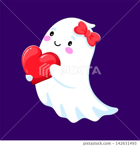 Cute kawaii ghost girl holding big red heart and smiling. Vector Halloween character with pink cheeks and bow for sweet spooky holiday greeting card. Charming kawaii girl for romantic Halloween party Cute kawaii ghost girl holding big red heart and smiling. Vector Halloween character with pink cheeks and bow for sweet spooky holiday greeting card. Charming kawaii girl for romantic Halloween party 142631493