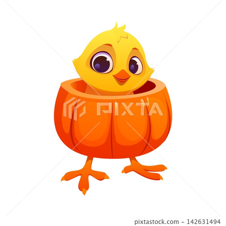 Cartoon cute Halloween chick bird animal character emerging from pumpkin shell. Yellow playful chicken celebrating autumn harvest, thanksgiving holiday. Adorable baby bird, seasonal cheerful personage Cartoon cute Halloween chick bird animal character emerging from pumpkin shell. Yellow playful chicken celebrating autumn harvest, thanksgiving holiday. Adorable baby bird, seasonal cheerful personage 142631494
