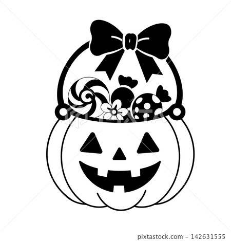 An illustration (black and white) of a jack-o'-lantern shaped Halloween basket filled with candy. An illustration (black and white) of a jack-o'-lantern shaped Halloween basket filled with candy. 142631555