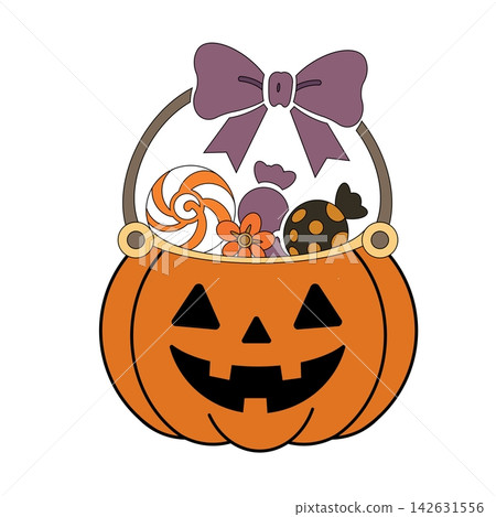 A color illustration of a jack-o'-lantern shaped Halloween basket filled with candy. A color illustration of a jack-o'-lantern shaped Halloween basket filled with candy. 142631556