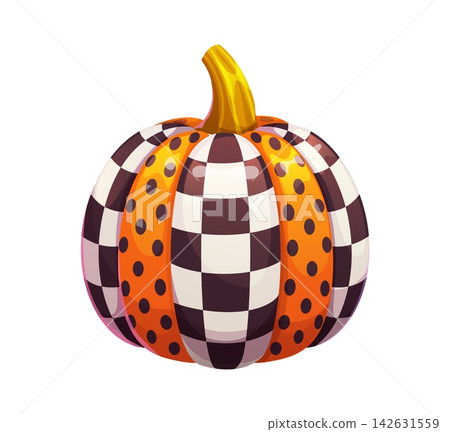 Halloween Autumn painted pumpkin with geometric pattern. Autumn painted vegetable, Halloween veggie vector decoration. October celebration isolated pumpkin with checkered and dotted patterns Halloween Autumn painted pumpkin with geometric pattern. Autumn painted vegetable, Halloween veggie vector decoration. October celebration isolated pumpkin with checkered and dotted patterns 142631559