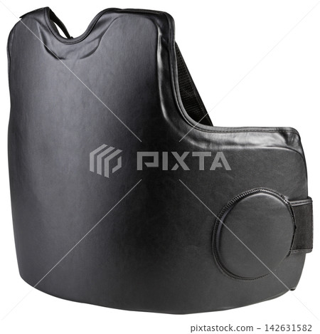 Black leather martial arts chest guard and body protector isolated on white background Black leather martial arts chest guard and body protector isolated on white background 142631582