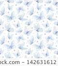 Delicate pastel blue butterflies and small lilac dots seamless watercolor pattern on isolated background. Soft insect ornate for baby shower nursery design, textile printing, wedding stationery. 142631612