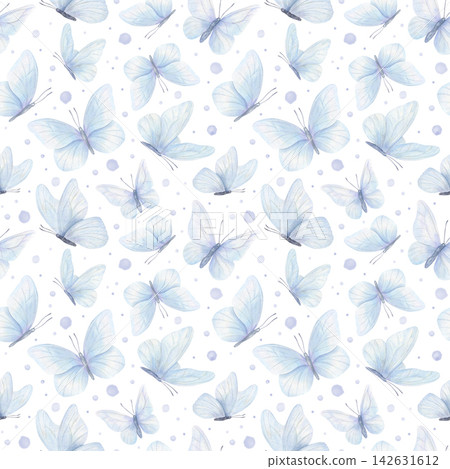 Delicate pastel blue butterflies and small lilac dots seamless watercolor pattern on isolated background. Soft insect ornate for baby shower nursery design, textile printing, wedding stationery. Delicate pastel blue butterflies and small lilac dots seamless watercolor pattern on isolated background. Soft insect ornate for baby shower nursery design, textile printing, wedding stationery. 142631612