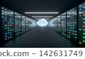 Pale blue glowing clouds and a data center corridor 142631749