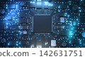 Blue glowing circuit board and semiconductor chip 142631751