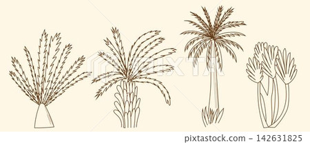 Palm tree tropical nature set, doodle line hand drawn icon set. Outline drawing palm tree tropical nature. Vector illustration Palm tree tropical nature set, doodle line hand drawn icon set. Outline drawing palm tree tropical nature. Vector illustration 142631825