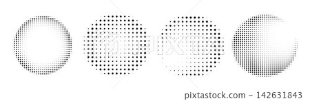Abstract circle with gradient noise and grain. Half tone dots form circles, gradation and stipple effects. Flat vector illustration isolated on white background. Abstract circle with gradient noise and grain. Half tone dots form circles, gradation and stipple effects. Flat vector illustration isolated on white background. 142631843